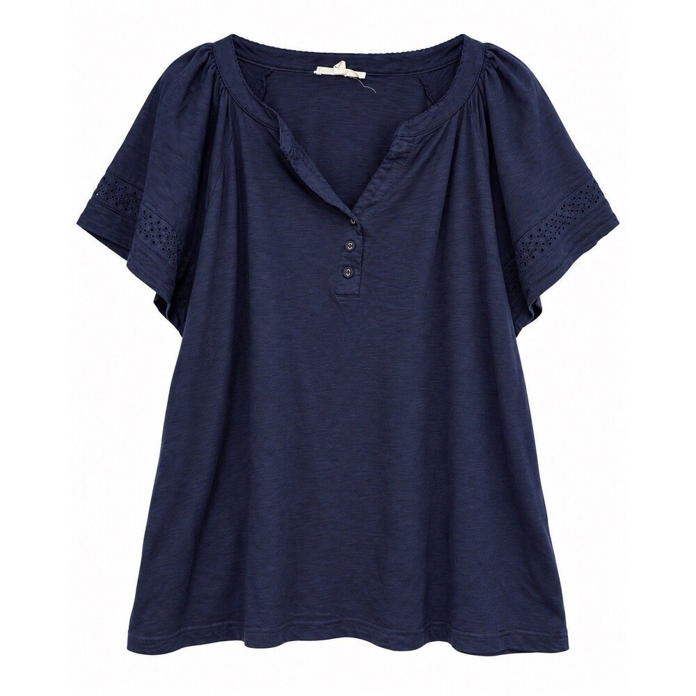 Jane + Delancey Womens Navy Blue Cotton Top Eyelet Sleeve Henley Boho Blouse